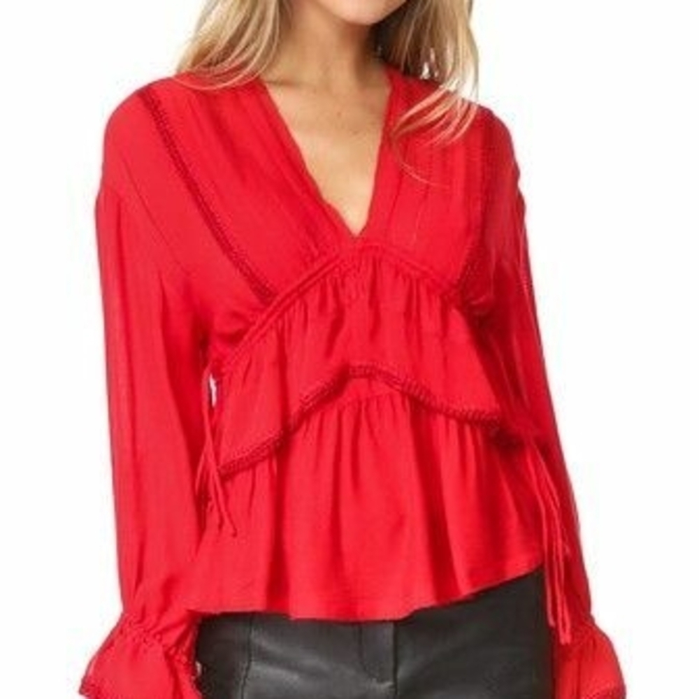 Iro Celena Paris Coral Red Long Sleeve V Neck Crepe Blouse Top